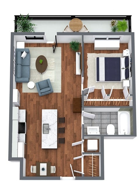 Floor plan for 1 bed, 1 bath, 600 sqft